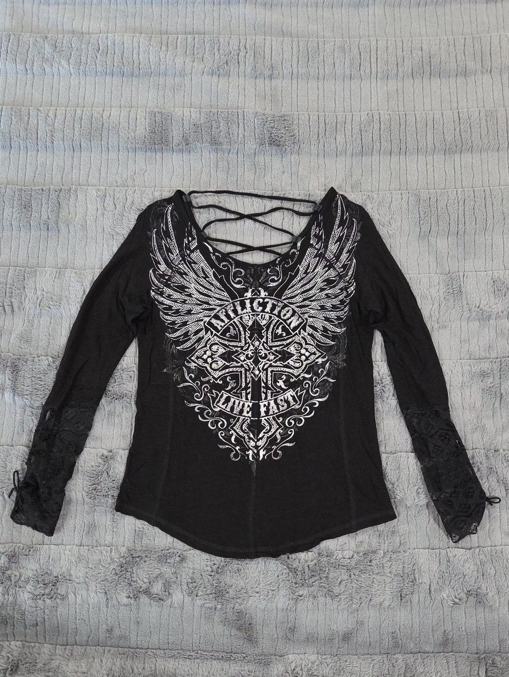 Affliction Black "Blingy" Lace-Up Winged Cross Long Sleeve Tee